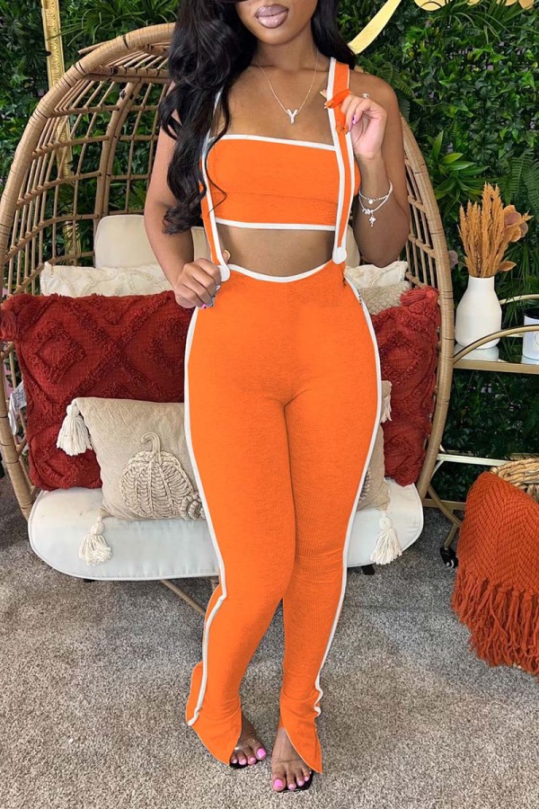 Orange Casual Solid Patchwork Backless Spaghetti Strap Sleeveless Two Pieces