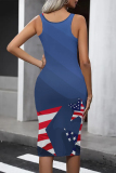 Tibetan Blue Casual The stars American Flag Print Contrast U Neck One Step Skirt Dresses