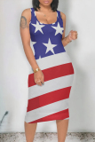 Tibetan Blue Casual The stars American Flag Print Contrast U Neck One Step Skirt Dresses