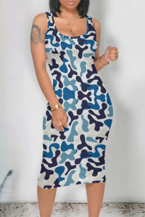 Blue Casual Camouflage Print Contrast U Neck One Step Skirt Dresses