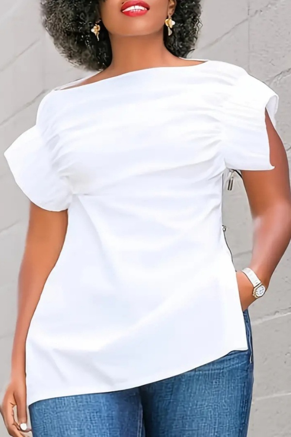 White Casual Solid Patchwork Slit Zipper O Neck T-Shirts