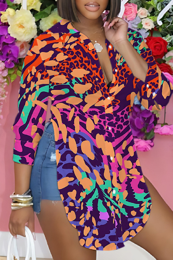 Purple Casual Print Patchwork Slit Shirt Collar Tops
