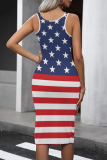 Tibetan Blue Casual The stars American Flag Print Contrast U Neck One Step Skirt Dresses