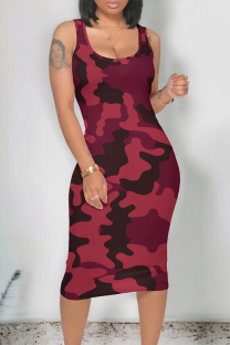 Rose Red Casual Camouflage Print Contrast U Neck One Step Skirt Dresses