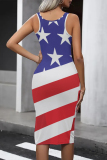 Tibetan Blue Casual The stars American Flag Print Contrast U Neck One Step Skirt Dresses