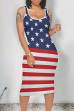 Tibetan Blue Casual The stars American Flag Print Contrast U Neck One Step Skirt Dresses