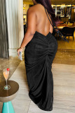 Black Sexy Solid Bandage Backless Fold Halter Long Plus Size Dresses