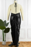 Black Sexy Solid Bandage Backless Fold Halter Long Plus Size Dresses