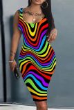 Colour Casual Print Basic U Neck Vest Dresses