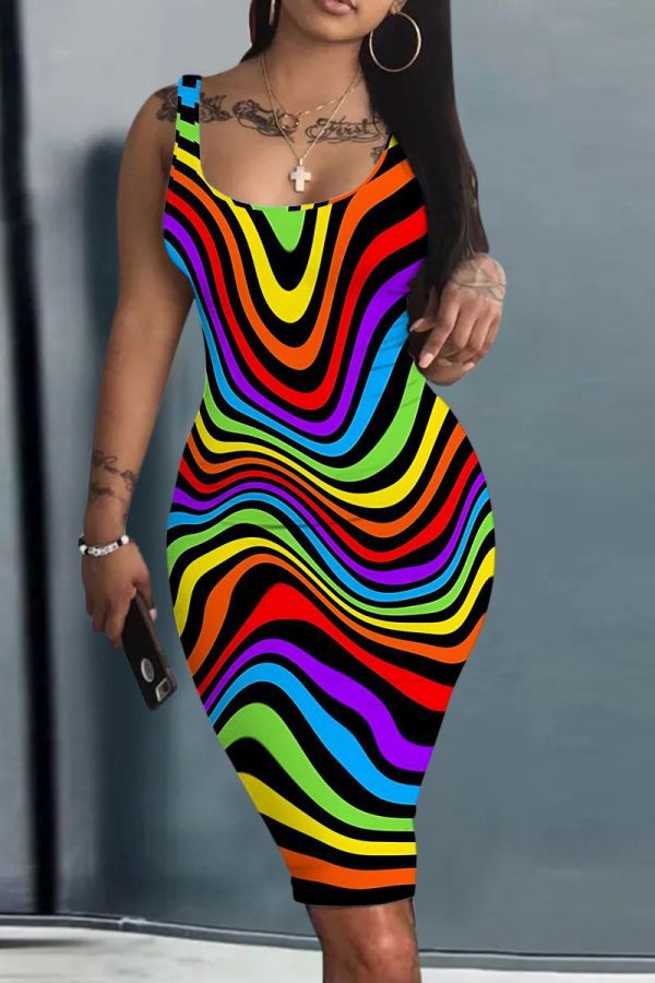 Multi-color Casual Print Basic U Neck Vest Dresses