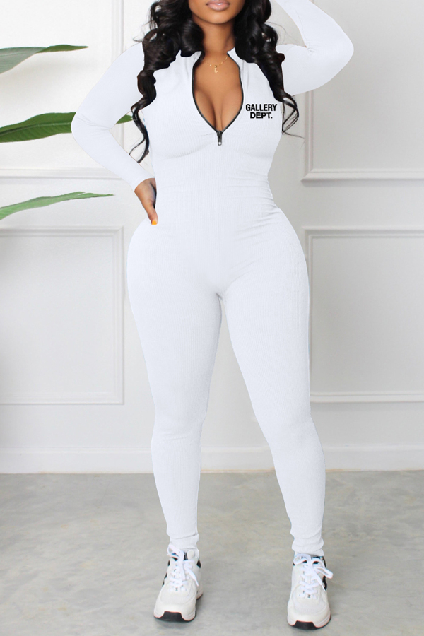 White Casual Print Patchwork Zipper Zipper Collar Skinny Jumpsuits