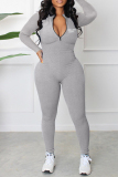White Casual Print Patchwork Zipper Zipper Collar Skinny Jumpsuits