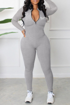 Light Gray Casual Print Patchwork Zipper Zipper Collar Skinny Jumpsuits