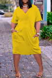 Rose Red Casual Solid Basic V Neck Short Sleeve Short Sleeve Dress