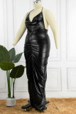 Black Sexy Solid Bandage Backless Fold Halter Long Plus Size Dresses