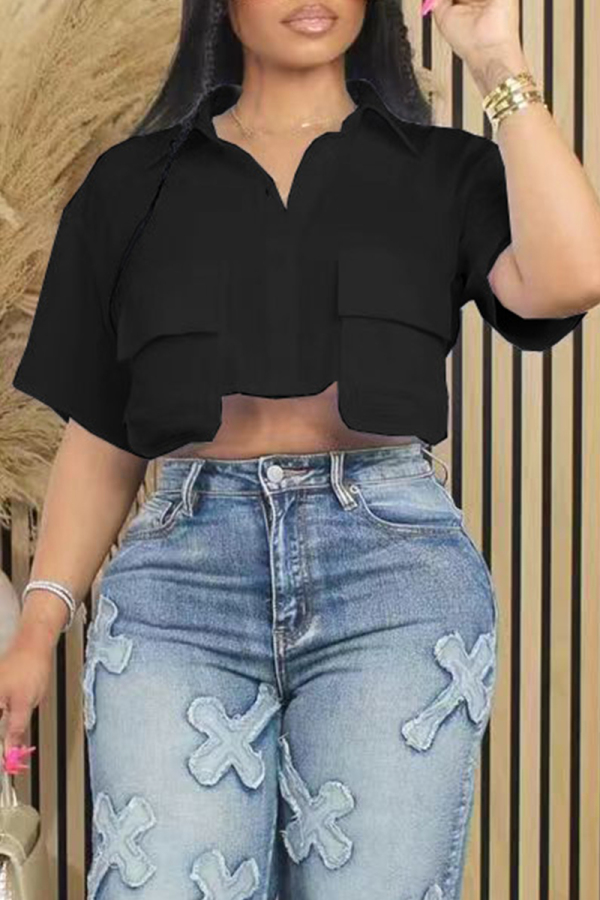 Black Casual Solid Patchwork Pocket Buckle Shirt Collar Tops