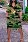 Rose Red Casual Print Patchwork Basic V Neck Short Sleeve Short Sleeve Dress