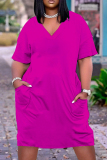 Rose Red Casual Solid Basic V Neck Short Sleeve Short Sleeve Dress
