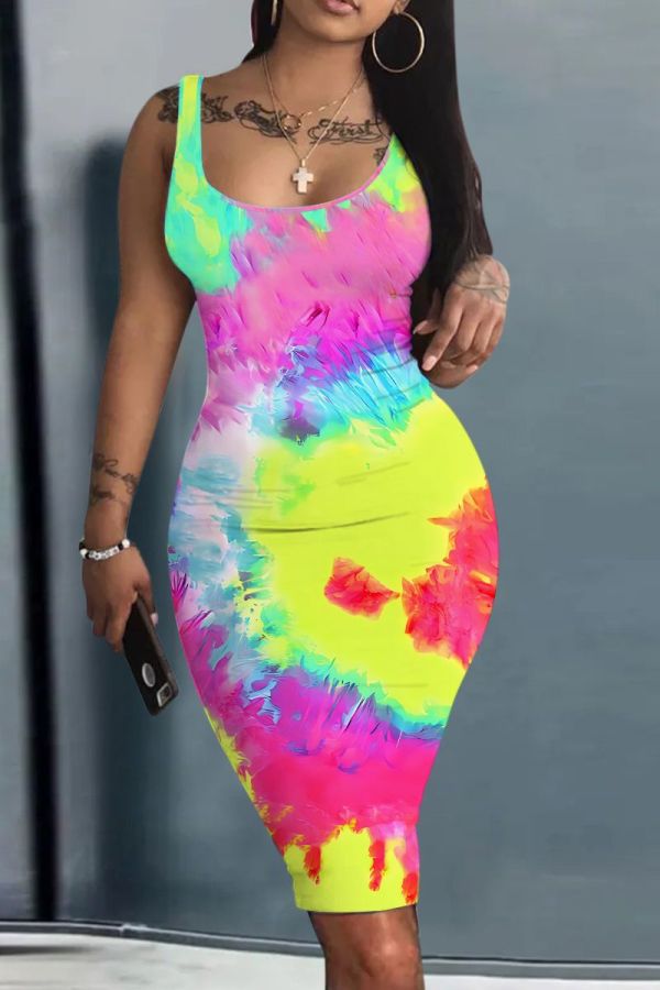 Colour Casual Print Basic U Neck Vest Dresses