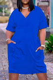 Rose Red Casual Solid Basic V Neck Short Sleeve Short Sleeve Dress