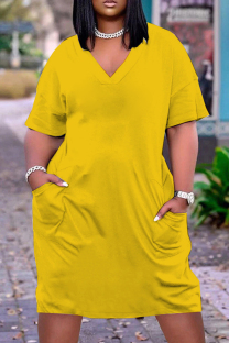 Yellow Casual Solid Basic V Neck Short Sleeve Short Sleeve Dress