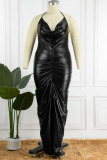 Black Sexy Solid Bandage Backless Fold Halter Long Plus Size Dresses