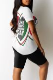 White Casual Figure Letter Love Print Contrast O Neck Short Sleeve Two Pieces