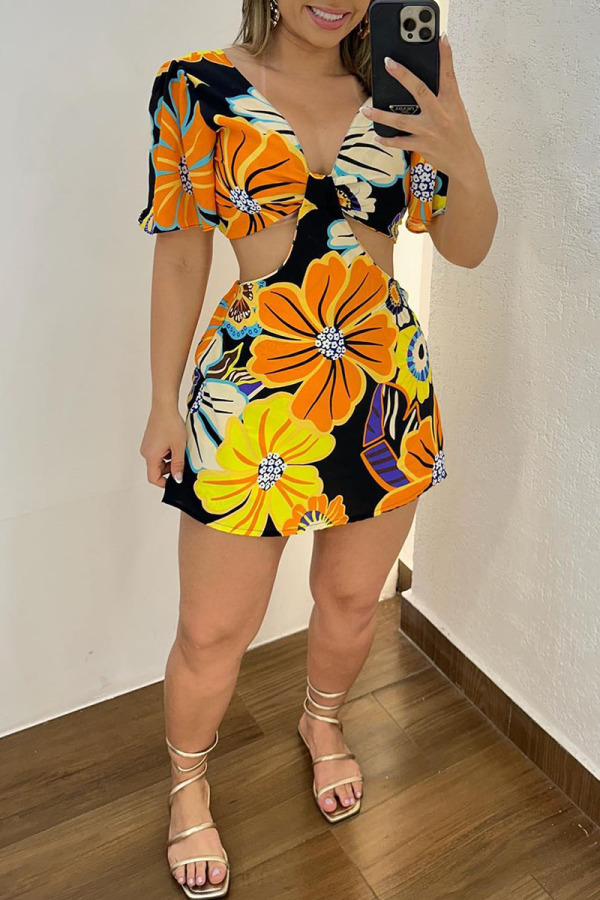 Yellow Casual Sweet Street Daily Elegant Vacation Mixed Printing Printing Contrast V Neck Regular Jumpsuits