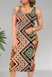 Red White Casual Geometric Print U Neck Printed Dresses