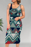 Red White Casual Geometric Print U Neck Printed Dresses