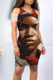 White Casual Figure Letter Print Digital O Neck Printed Dresses