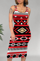 Red White Casual Geometric Print U Neck Printed Dresses