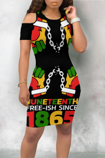 Black Casual Figure Letter Print Digital O Neck Printed Dresses