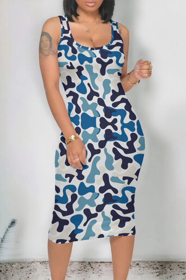 Sky Blue Casual Camouflage Print U Neck Printed Dresses