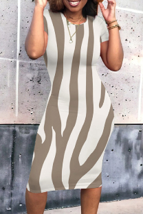 Cream White Casual Striped Print Contrast O Neck Short Sleeve Short Sleeve Dress