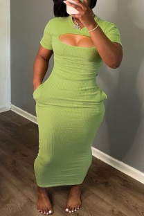 Green Casual Solid Hollowed Out O Neck Long Dresses