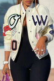 White Casual Letter Patchwork Cardigan Outerwear
