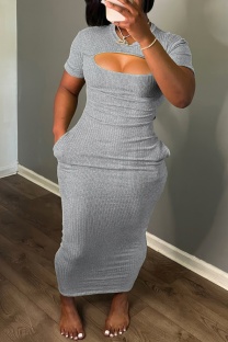 Grey Casual Solid Hollowed Out O Neck Long Dresses