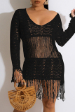 Tangerine Red Casual Solid Tassel See-through V Neck Dresses