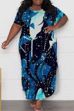 Blue Casual Print Slit O Neck Long Plus Size Dresses