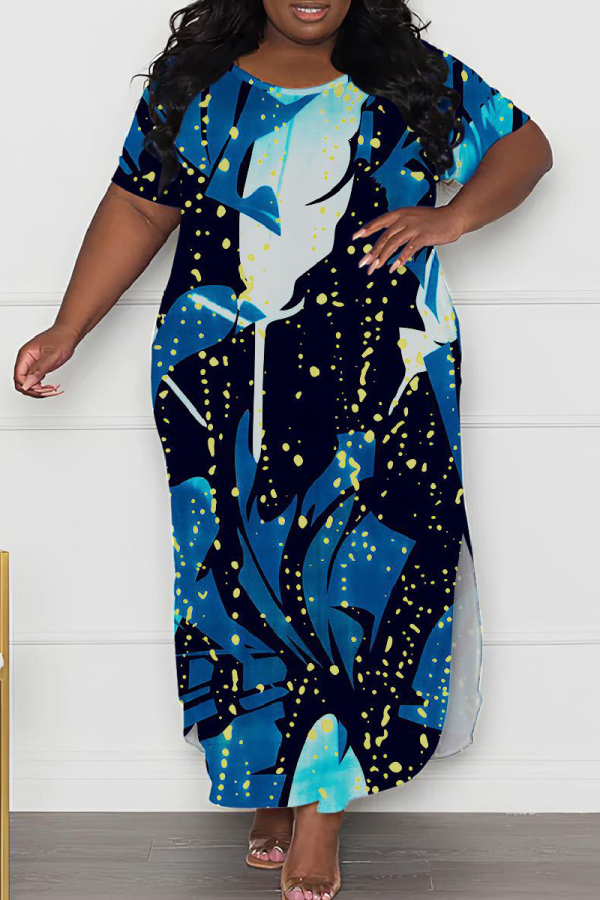 Blue Black Casual Print Slit O Neck Long Plus Size Dresses