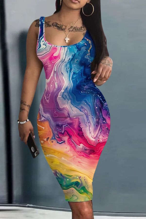 Multicolor Casual Print Basic U Neck Vest Dresses