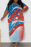 Navy Casual Print Slit O Neck Long Plus Size Dresses