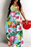 Multicolor Sexy Print Backless Spaghetti Strap Long Dresses