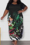 Blue Casual Print Slit O Neck Long Plus Size Dresses