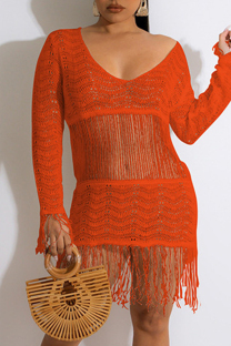 Tangerine Red Casual Solid Tassel See-through V Neck Dresses