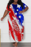 Navy Casual Print Slit O Neck Long Plus Size Dresses