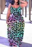 Blue Purple Sexy Casual Print Backless Spaghetti Strap Long Dresses