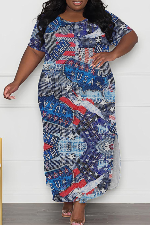 Dark Blue Casual Print Slit O Neck Long Plus Size Dresses