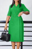 Deep Blue Elegant Solid Patchwork Slit Fold With Belt V Neck Wrapped Skirt Dresses